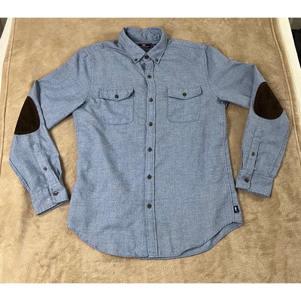 Vineyard Vines Performance Slim Fit Crosby Shirt Men Blue Medium Elbow Patch EUC
